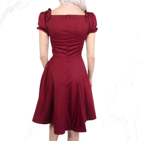 Hanpceirs Burgundy Fit-and-Flare Dress Size S Square Neck Puff Sleeves - Picture 2 of 4